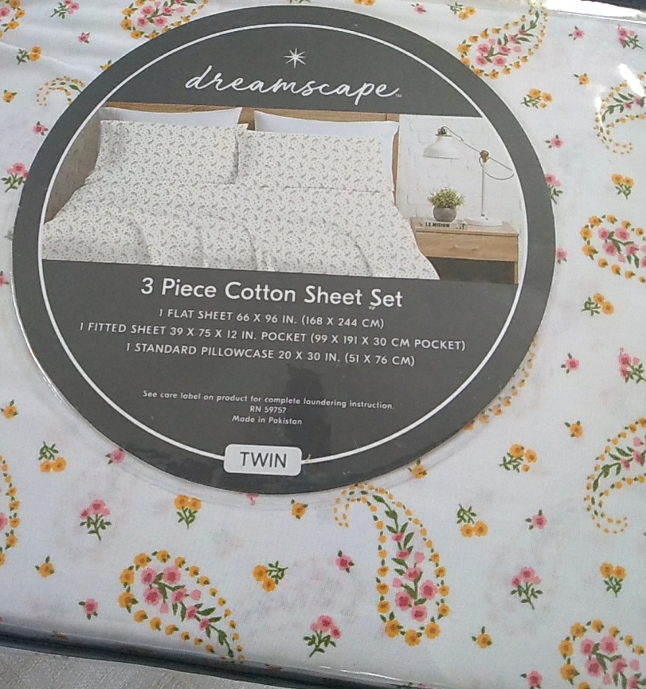 Dreamscape Twin Flat Sheet Set White Multicolor Paisley Print 100% Cotton
